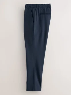 Navy Blue Slim Fit Smart Stretch Trousers With Internal Drawcord