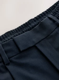 Navy Blue Slim Fit Smart Stretch Trousers With Internal Drawcord