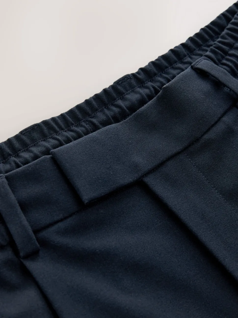 Navy Blue Slim Fit Smart Stretch Trousers With Internal Drawcord
