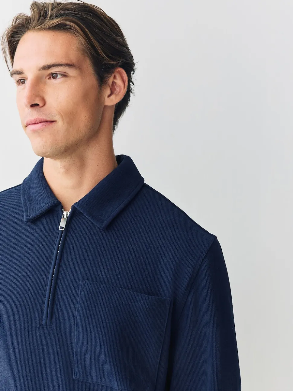 Navy Blue Soft Rib Texture Quarter Zip Neck Fleece