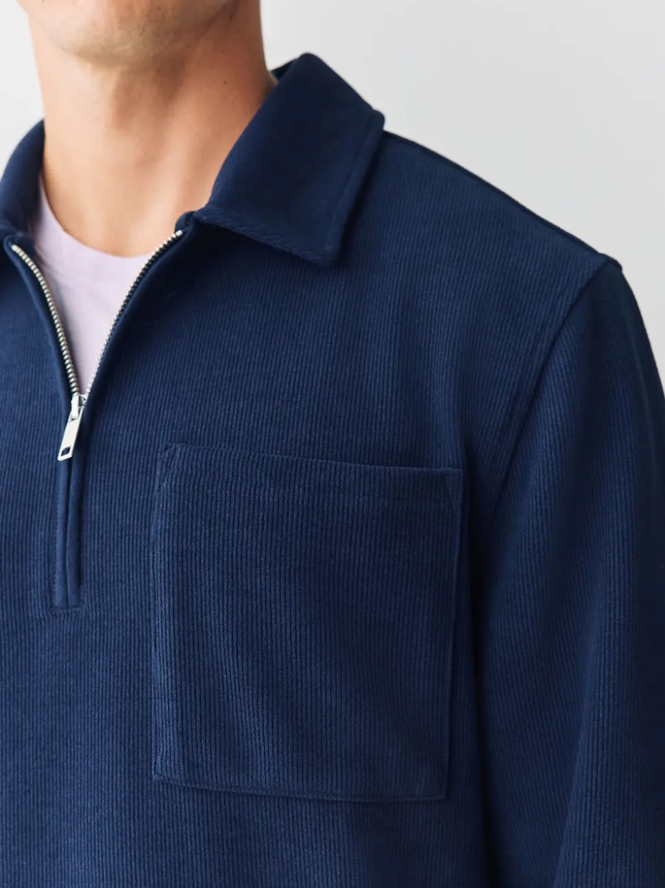 Navy Blue Soft Rib Texture Quarter Zip Neck Fleece