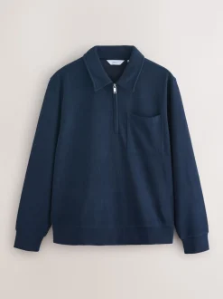 Navy Blue Soft Rib Texture Quarter Zip Neck Fleece