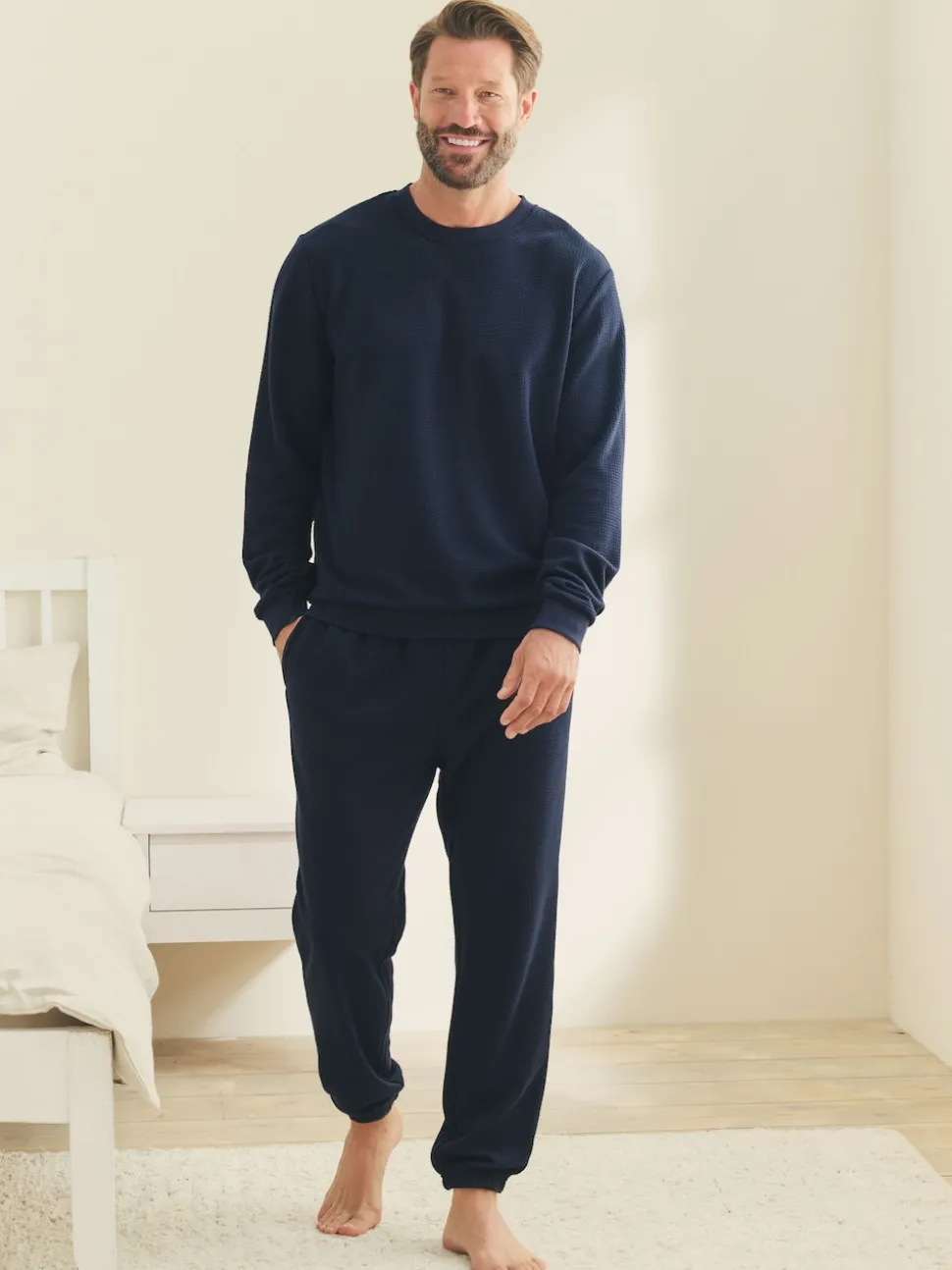 Navy Blue Soft Waffle Long Sleeve Pyjamas Set
