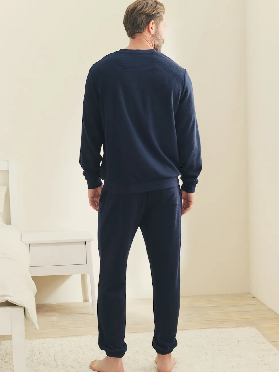 Navy Blue Soft Waffle Long Sleeve Pyjamas Set