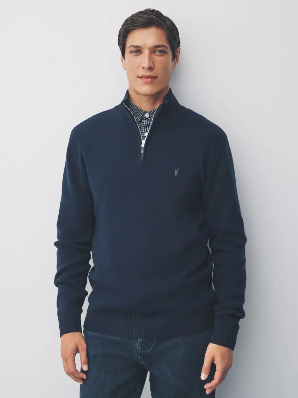Navy Blue Stag Logo N.Premium Regular Fit 100% Cotton Premium Quarter Zip Jumper