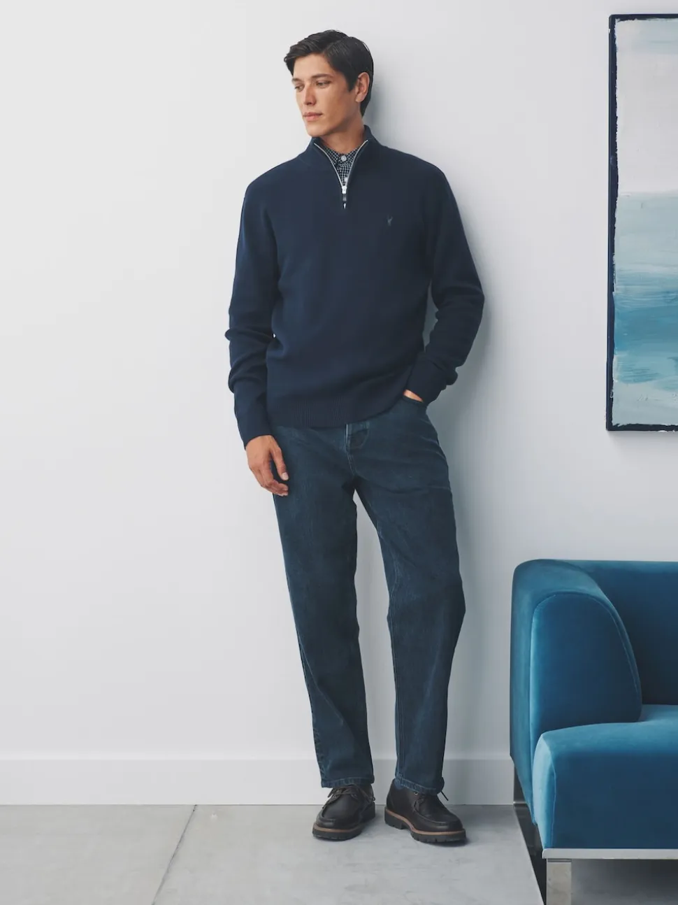 Navy Blue Stag Logo N.Premium Regular Fit 100% Cotton Premium Quarter Zip Jumper