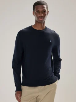 Navy Blue Stag Logo Regular Fit Cotton Rich Crew Neck Jumper