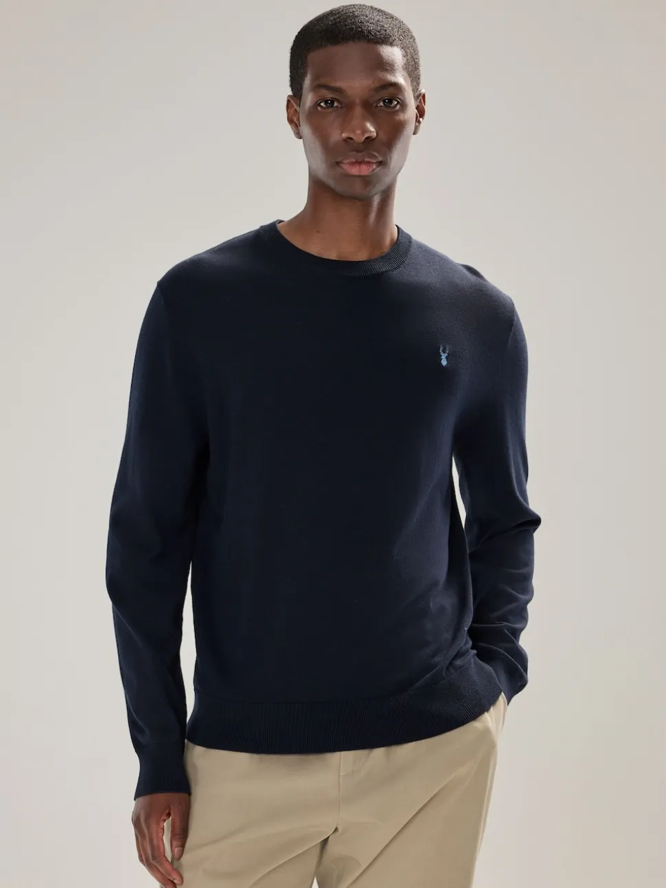 Navy Blue Stag Logo Regular Fit Cotton Rich Crew Neck Jumper