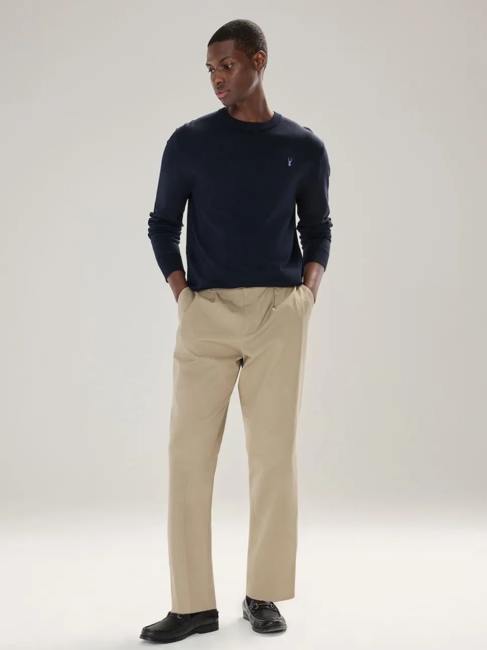 Navy Blue Stag Logo Regular Fit Cotton Rich Crew Neck Jumper