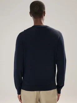 Navy Blue Stag Logo Regular Fit Cotton Rich Crew Neck Jumper