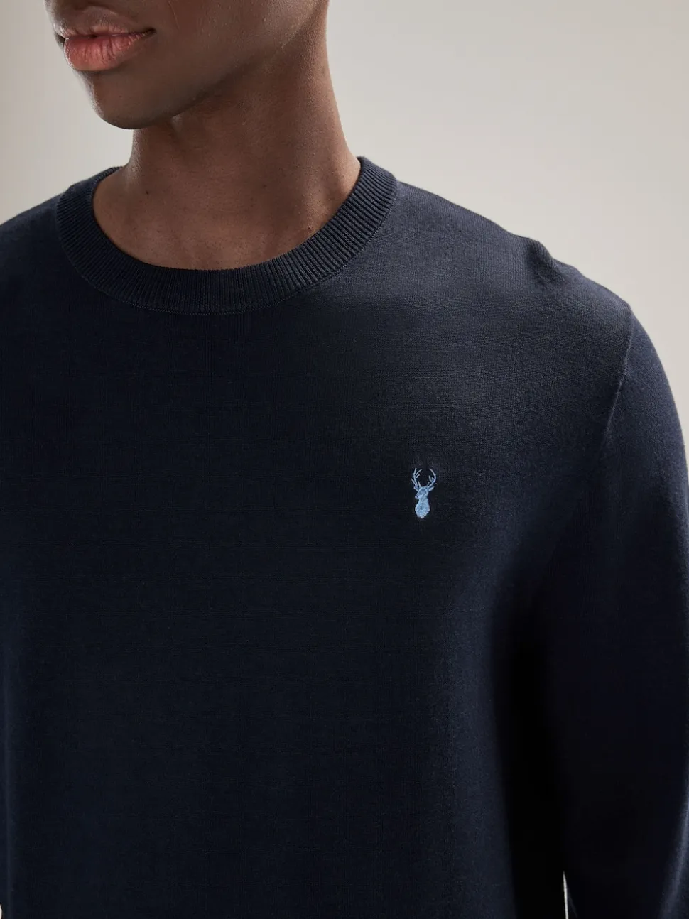 Navy Blue Stag Logo Regular Fit Cotton Rich Crew Neck Jumper