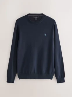 Navy Blue Stag Logo Regular Fit Cotton Rich Crew Neck Jumper