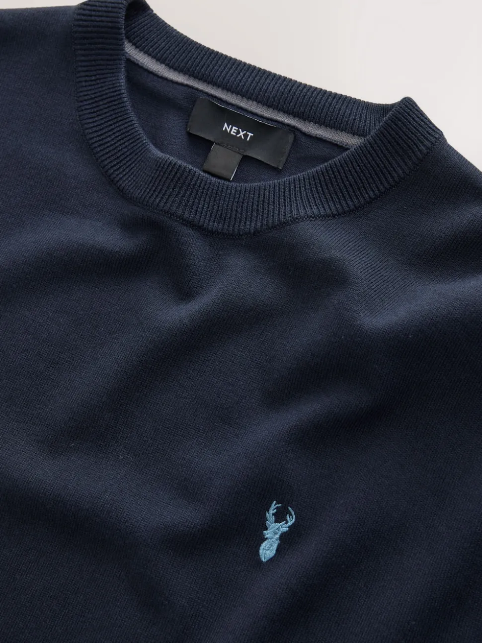 Navy Blue Stag Logo Regular Fit Cotton Rich Crew Neck Jumper