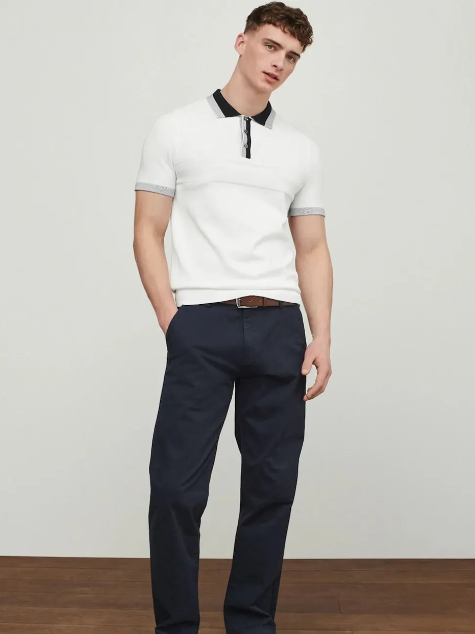 Navy Blue Straight Fit Belted Soft Touch Chino Trousers