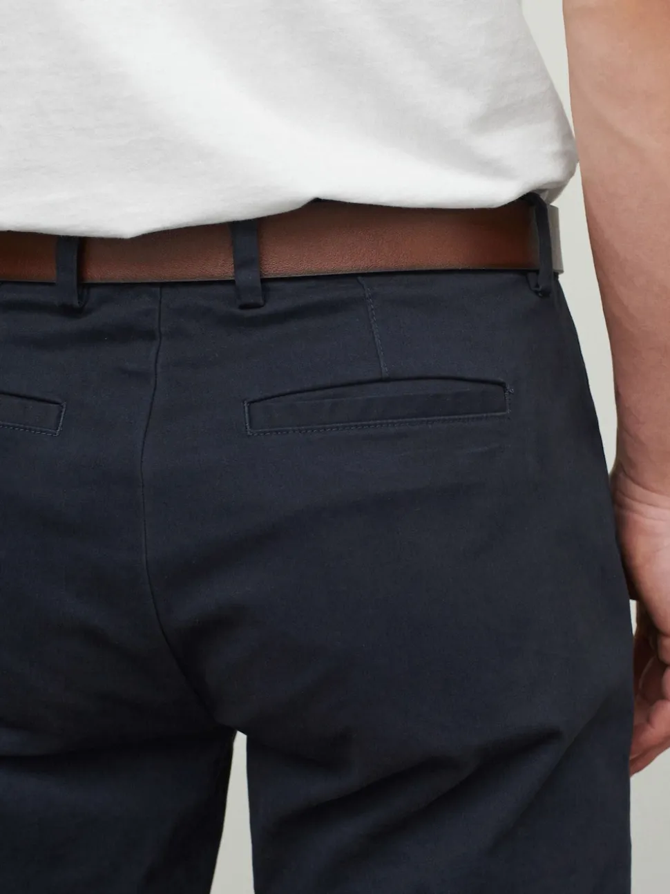 Navy Blue Straight Fit Belted Soft Touch Chino Trousers