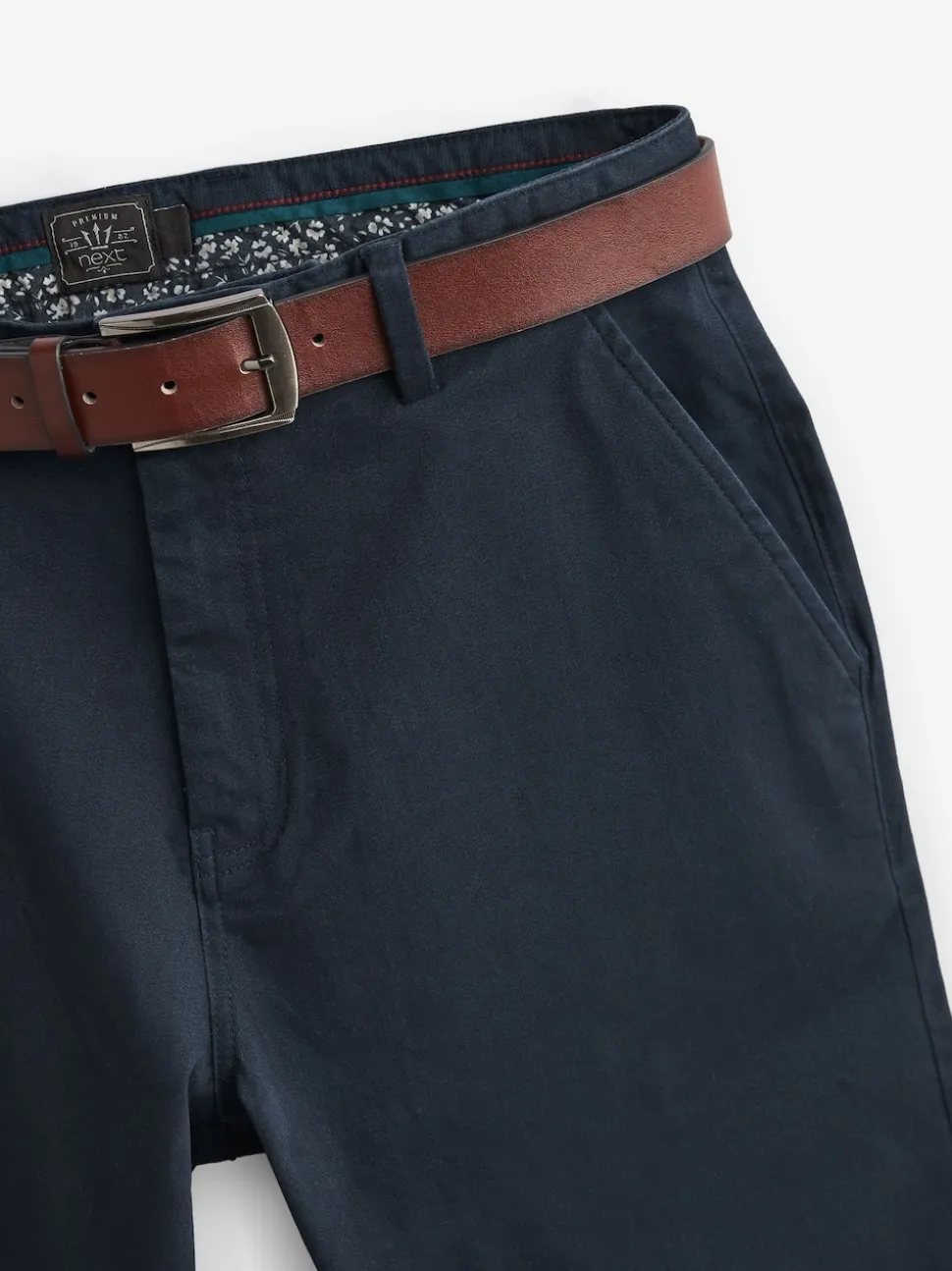 Navy Blue Straight Fit Belted Soft Touch Chino Trousers