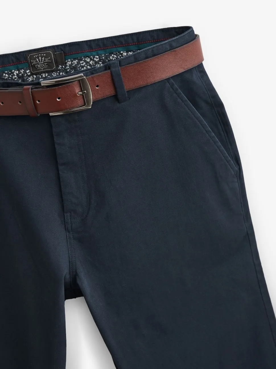 Navy Blue Straight Fit Belted Soft Touch Chino Trousers