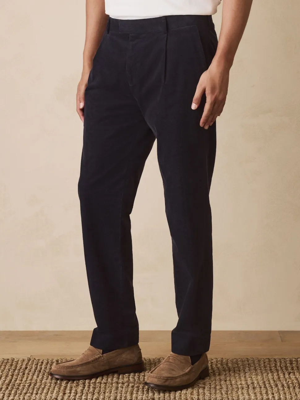 Navy Blue Straight Fit Smart Cotton Rich Cord Trousers