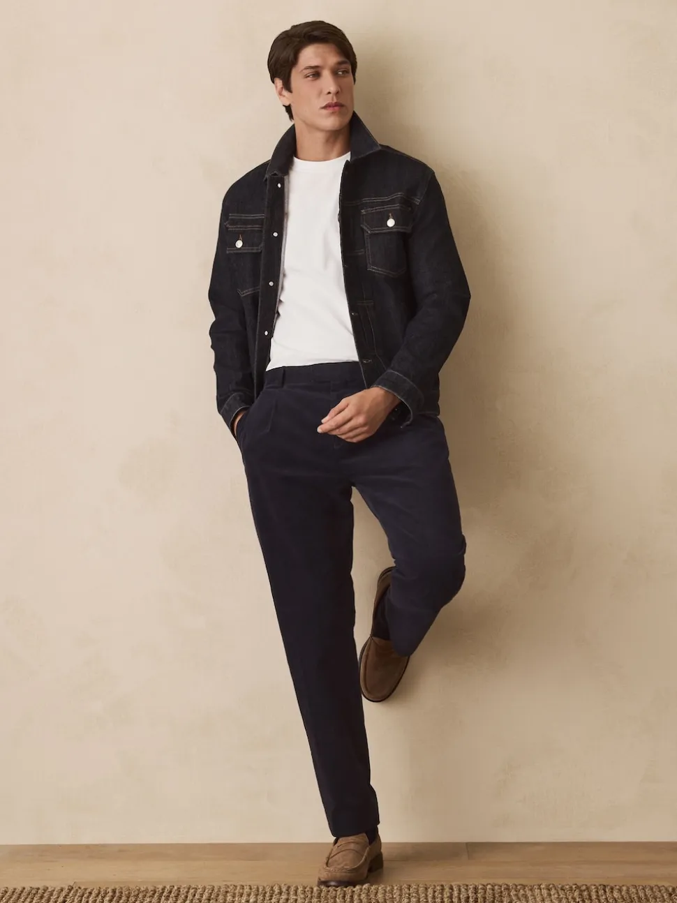 Navy Blue Straight Fit Smart Cotton Rich Cord Trousers