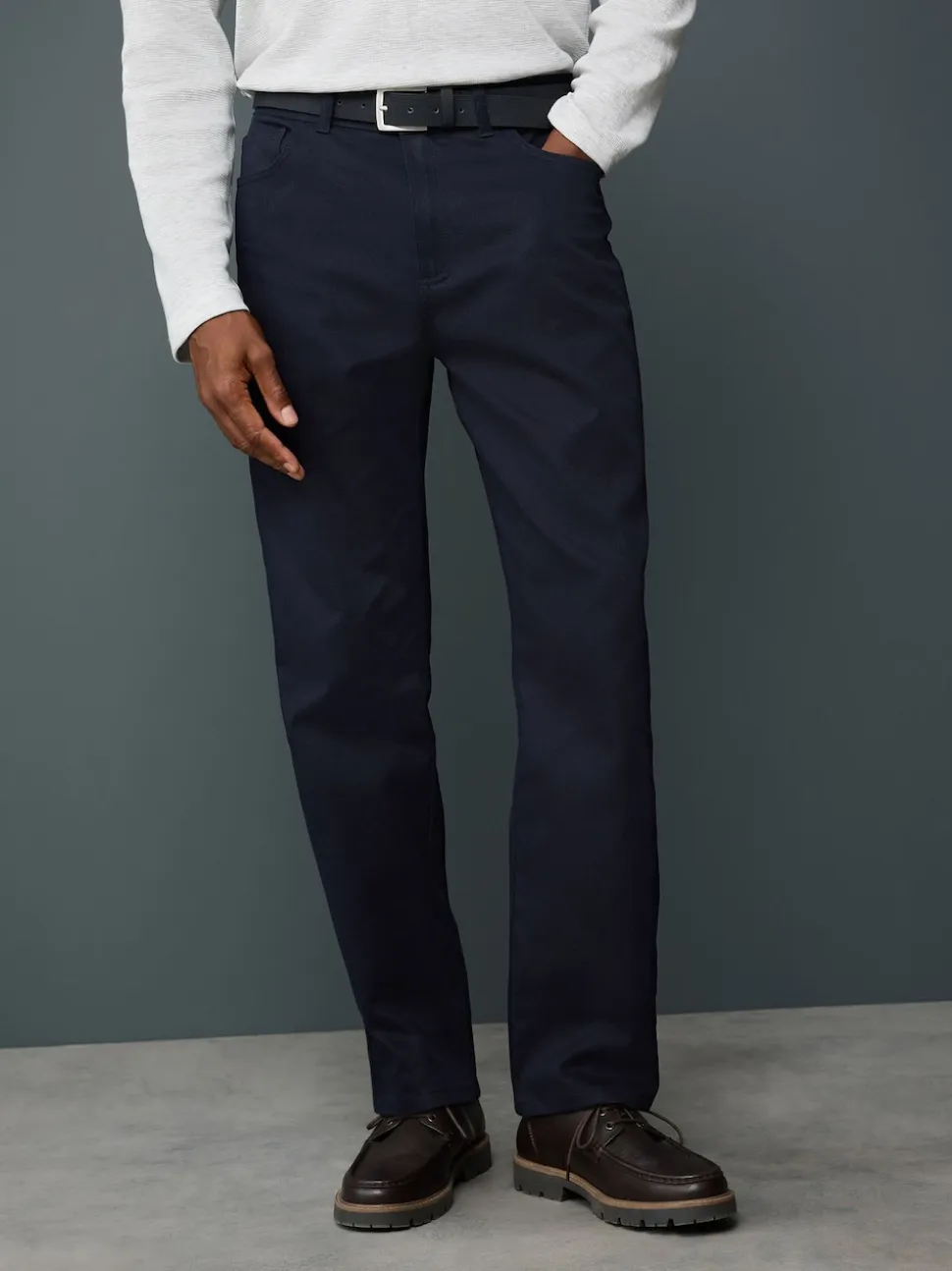 Navy Blue Straight Fit Smart Brushed Cotton TENCEL™ Lyocell Blend Chinos With Belt