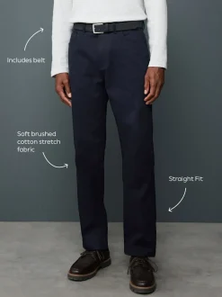 Navy Blue Straight Fit Smart Brushed Cotton TENCEL™ Lyocell Blend Chinos With Belt