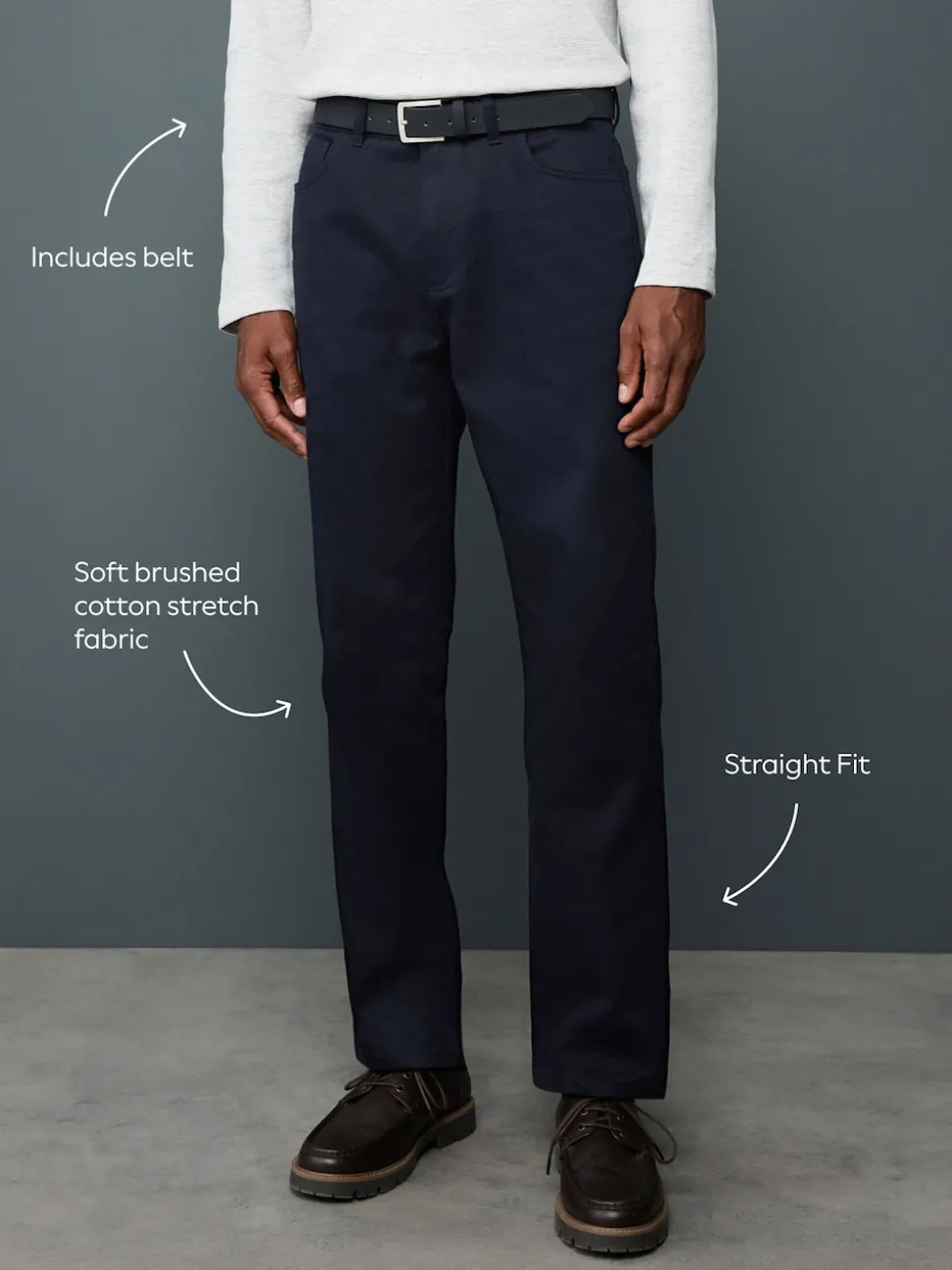 Navy Blue Straight Fit Smart Brushed Cotton TENCEL™ Lyocell Blend Chinos With Belt