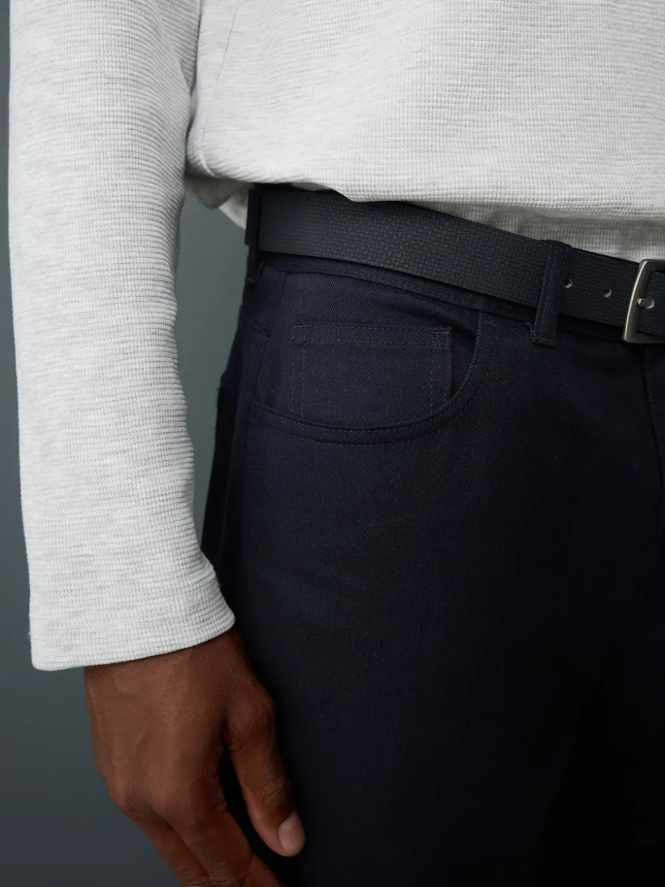 Navy Blue Straight Fit Smart Brushed Cotton TENCEL™ Lyocell Blend Chinos With Belt