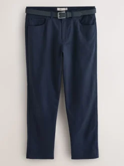 Navy Blue Straight Fit Smart Brushed Cotton TENCEL™ Lyocell Blend Chinos With Belt