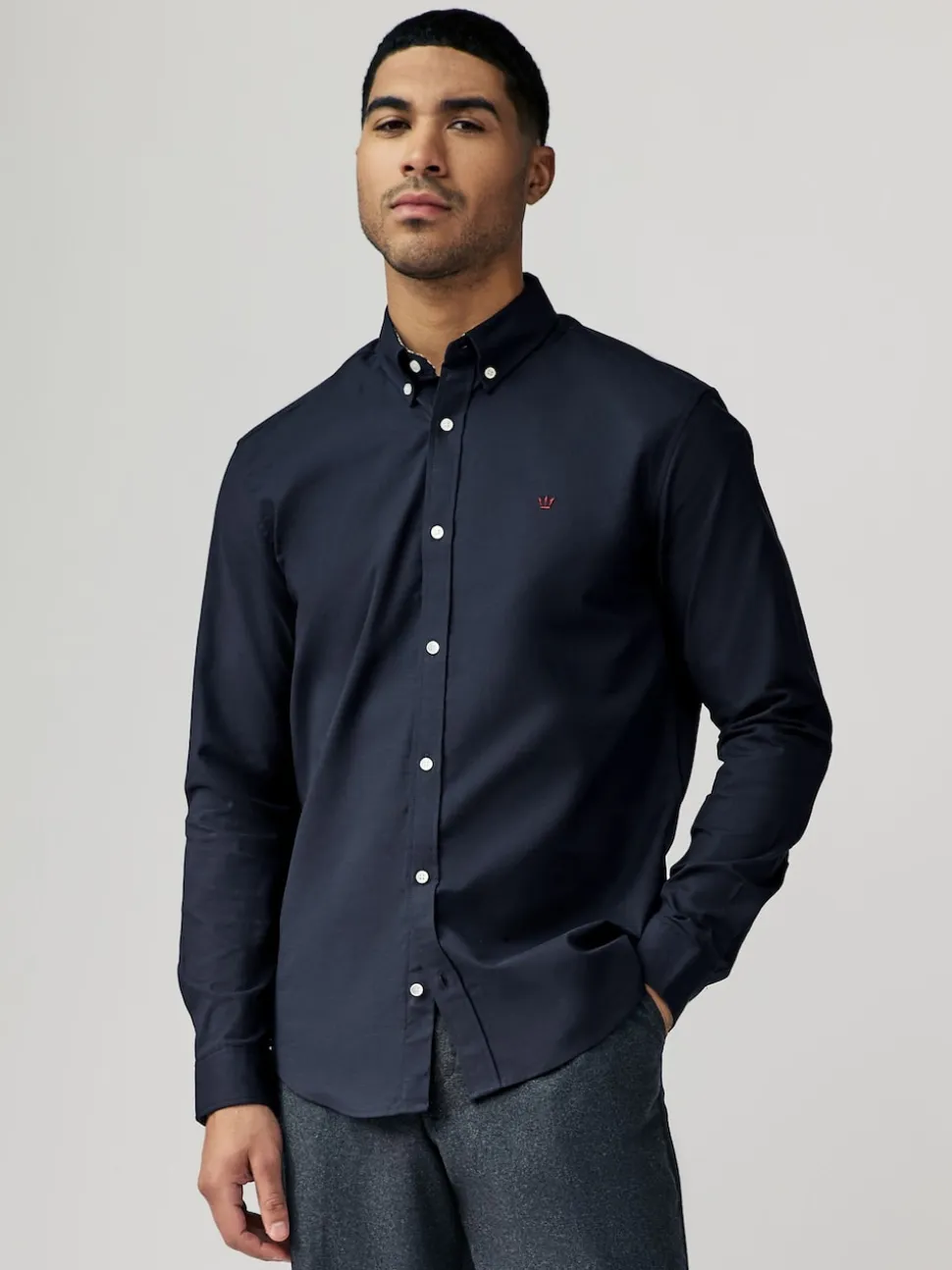 Navy Blue Stretch Oxford Long Sleeve Shirt