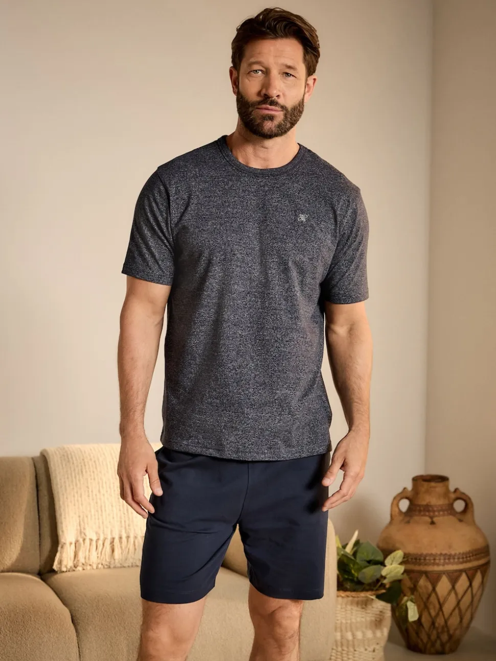 Navy Blue Stripe Jersey Short Pyjamas Set