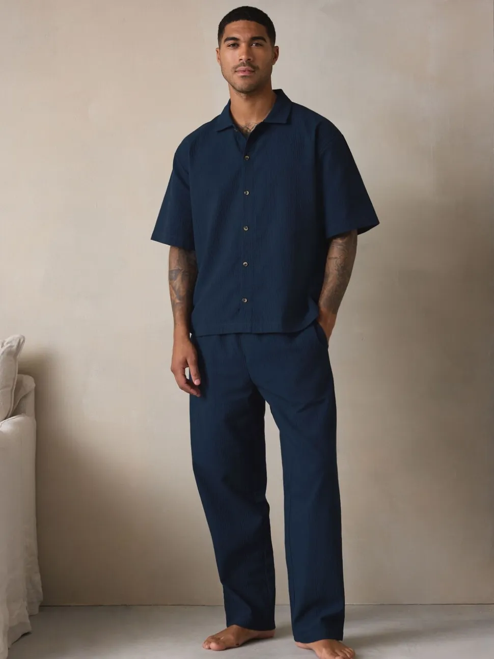 Navy Blue Stripe Short Sleeve Button Through Pyjamas Set