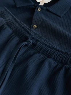 Navy Blue Stripe Short Sleeve Button Through Pyjamas Set