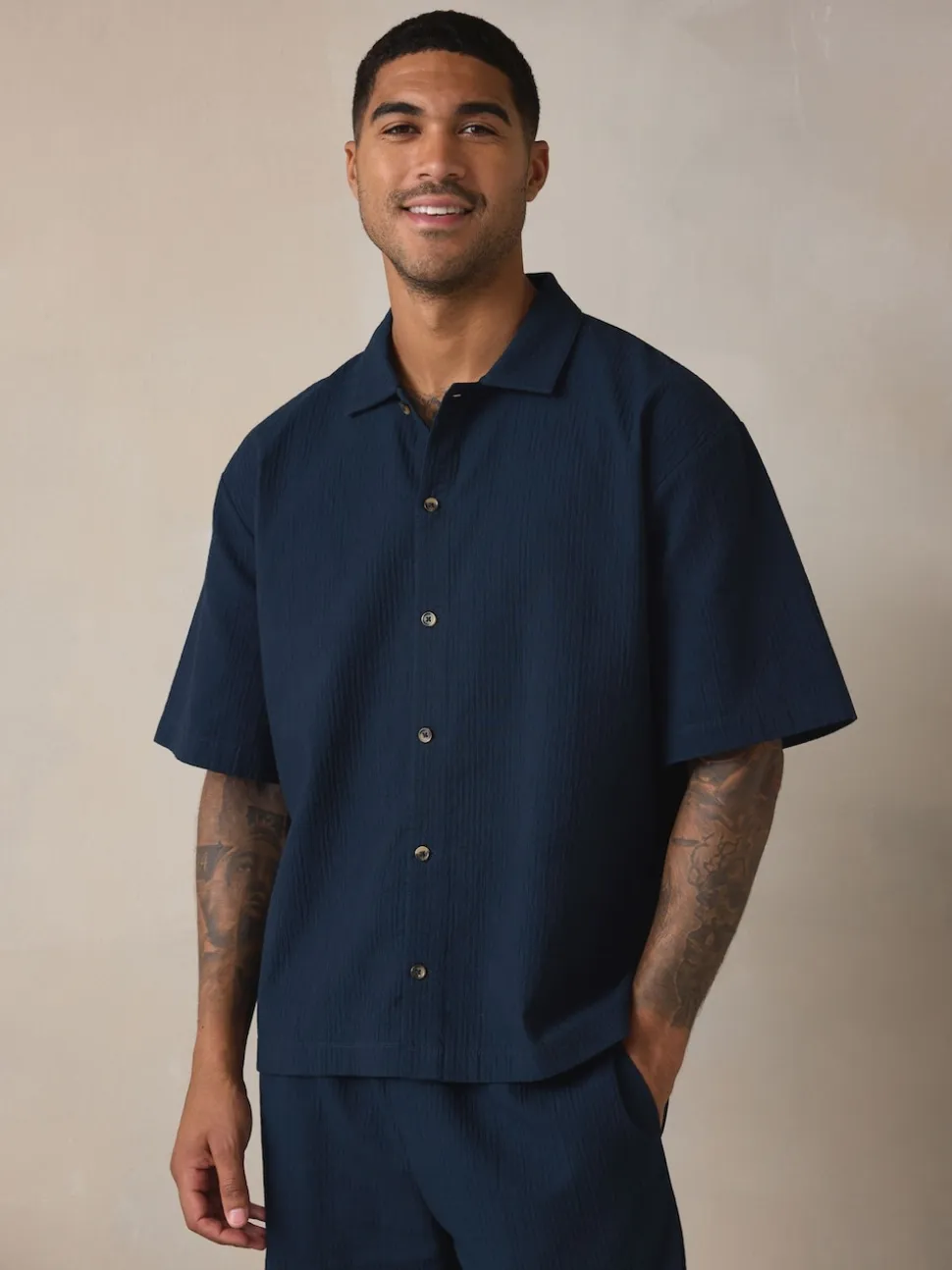 Navy Blue Stripe Short Sleeve Button Through Pyjamas Set