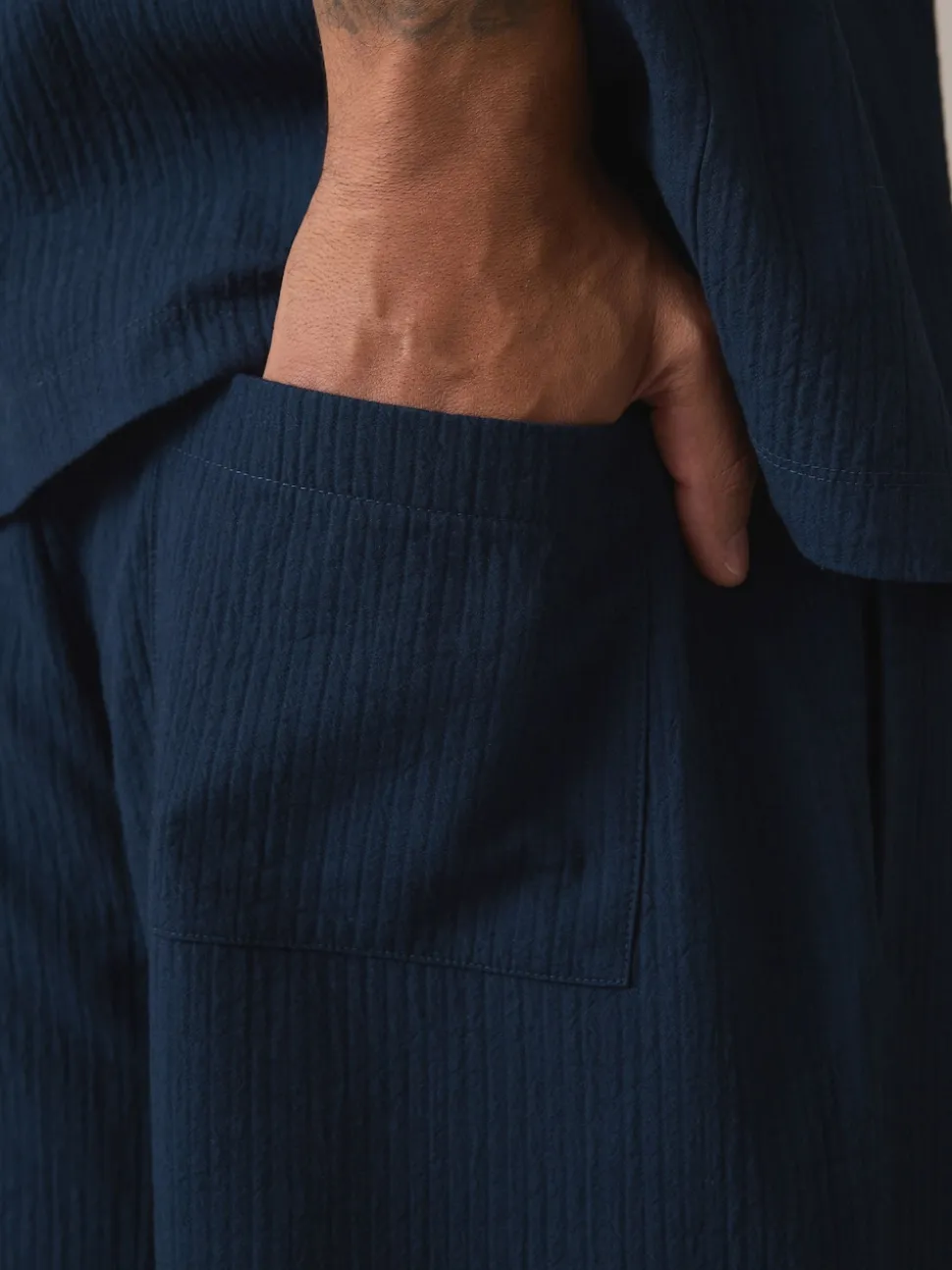 Navy Blue Stripe Short Sleeve Button Through Pyjamas Set