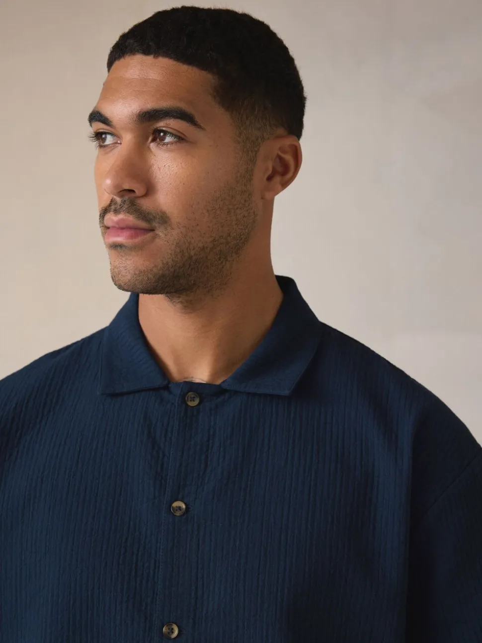 Navy Blue Stripe Short Sleeve Button Through Pyjamas Set