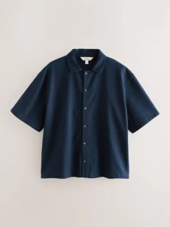 Navy Blue Stripe Short Sleeve Button Through Pyjamas Set