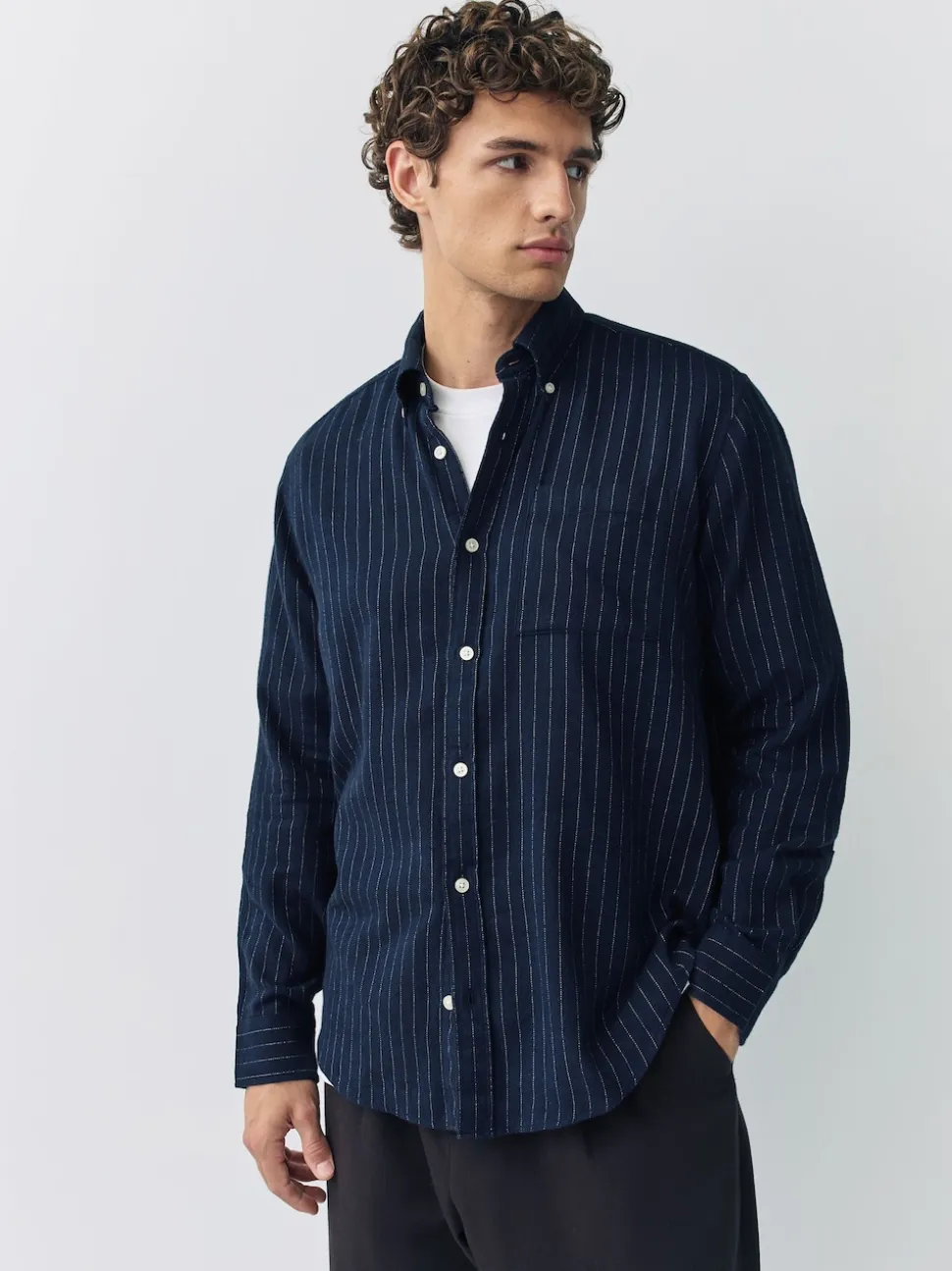 Navy Blue Stripe Soft Touch Oxford Long Sleeve Shirt