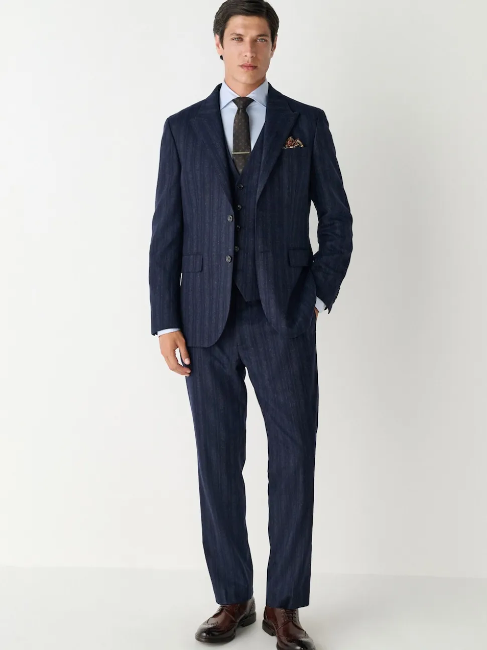 Navy Blue Striped Wool Blend Suit Waistcoat