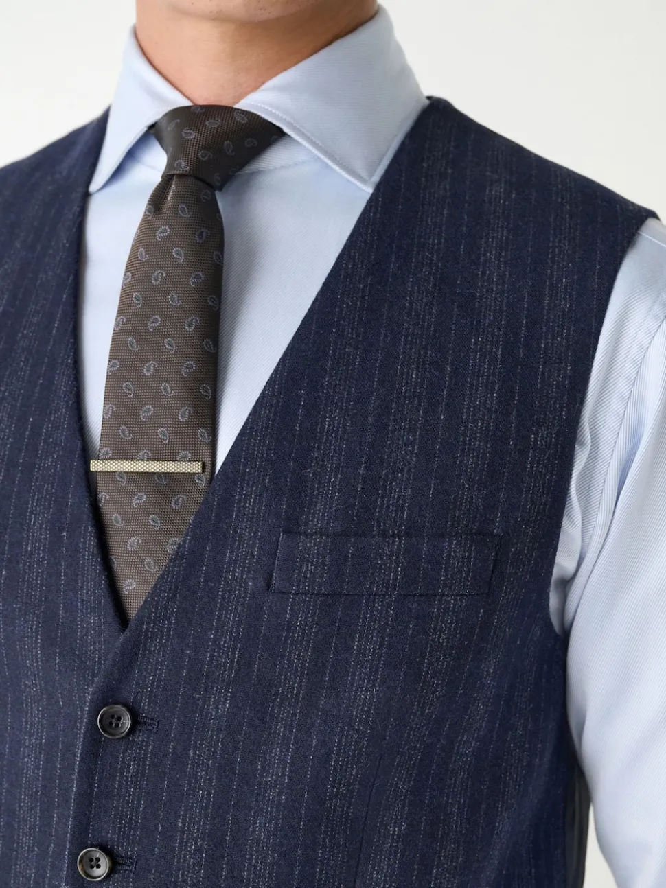 Navy Blue Striped Wool Blend Suit Waistcoat