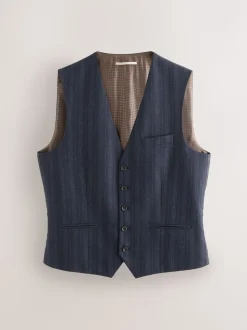 Navy Blue Striped Wool Blend Suit Waistcoat