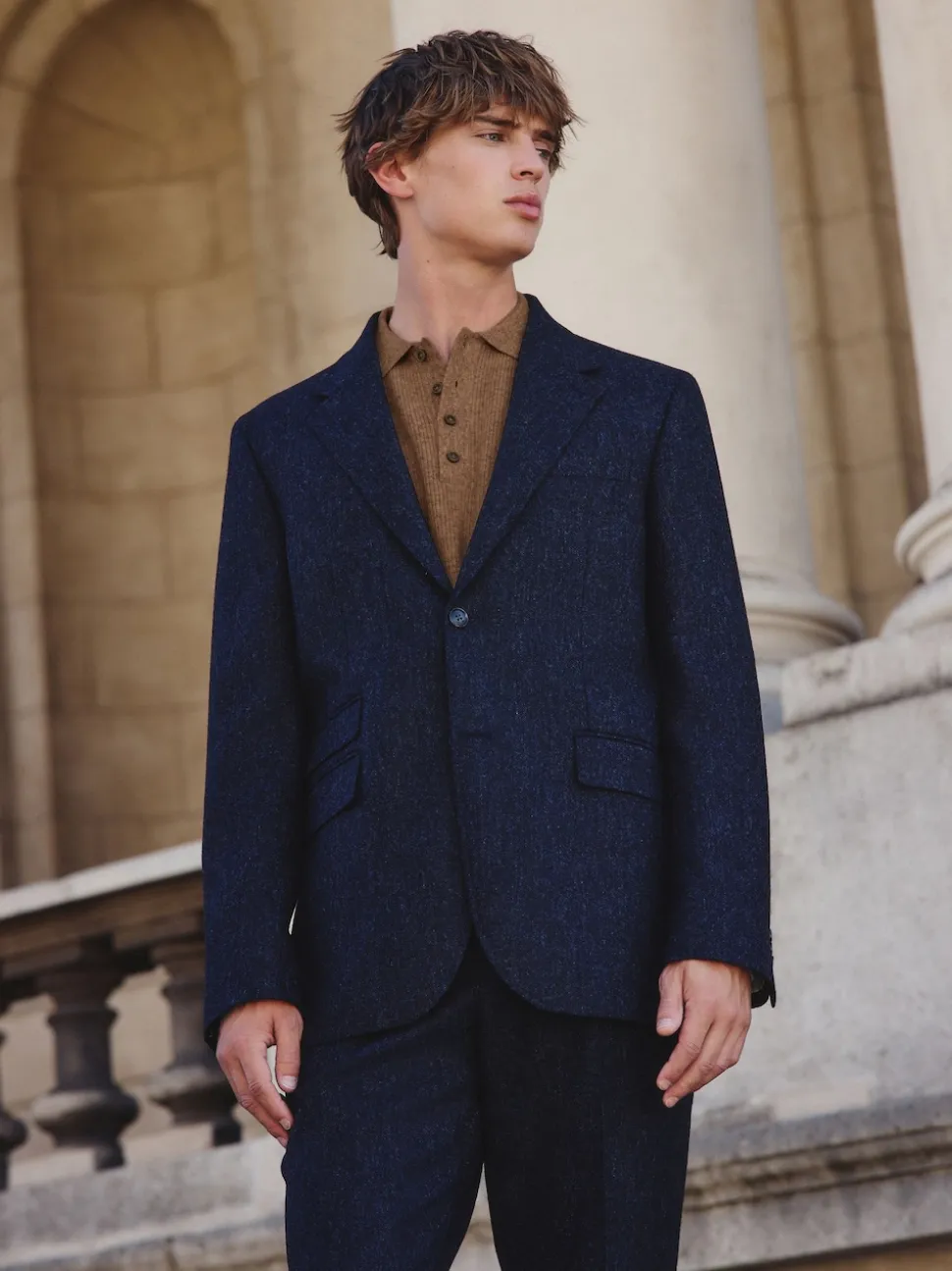 Navy Blue Tailored Fit Signature Abraham Moon 100% British Wool Donegal Suit Jacket