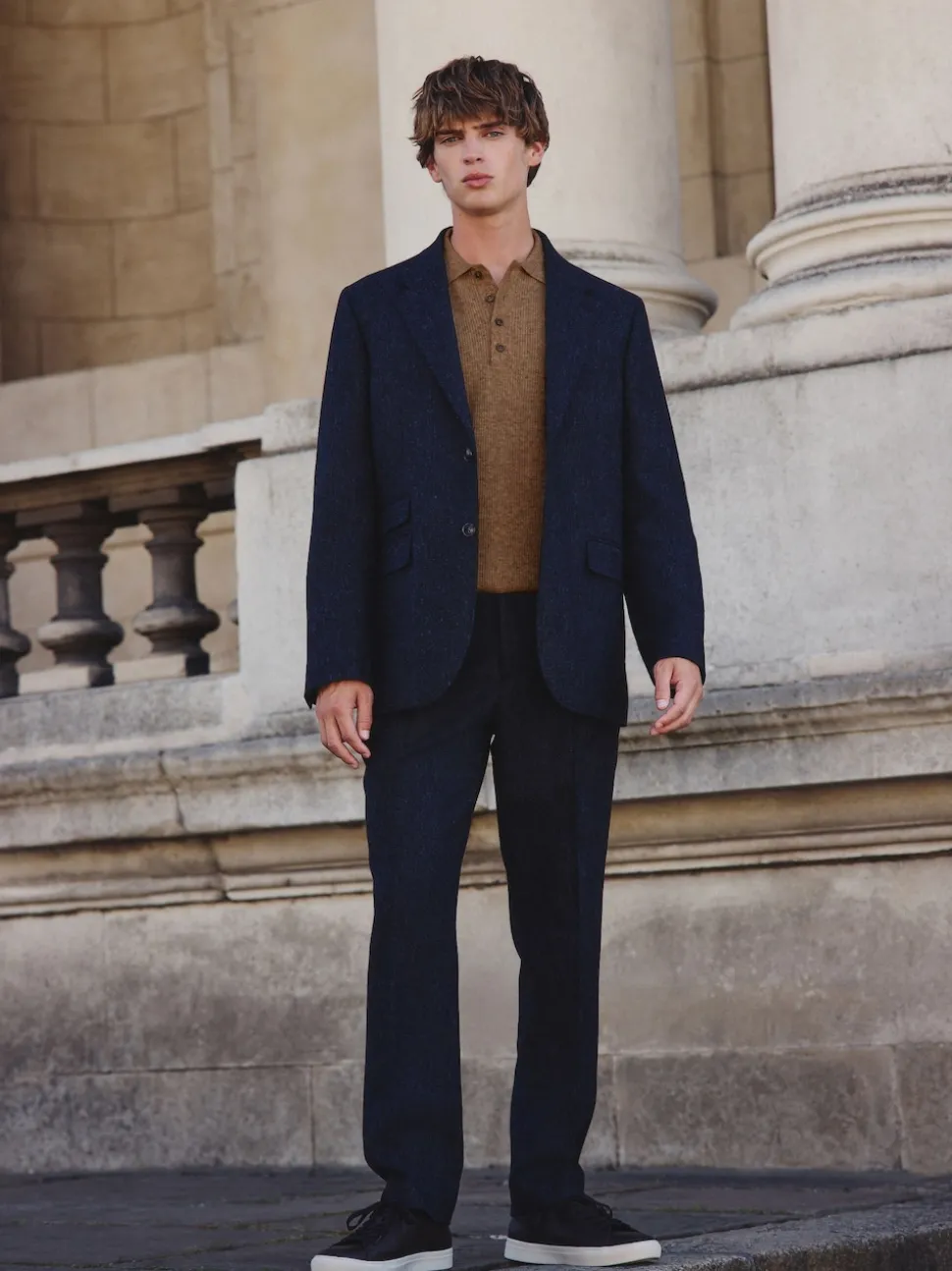 Navy Blue Tailored Fit Signature Abraham Moon 100% British Wool Donegal Suit Jacket