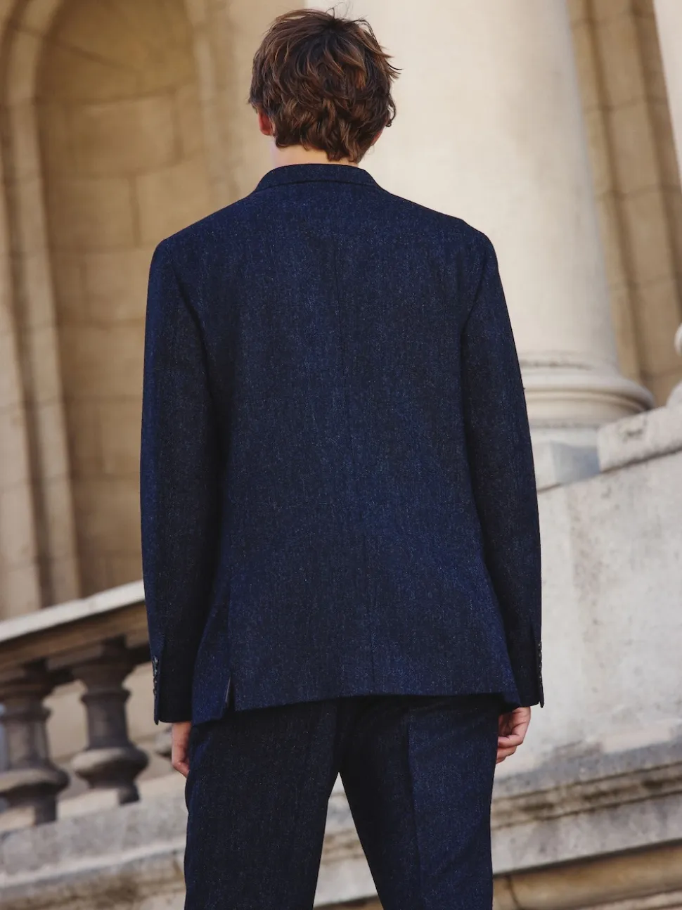 Navy Blue Tailored Fit Signature Abraham Moon 100% British Wool Donegal Suit Jacket