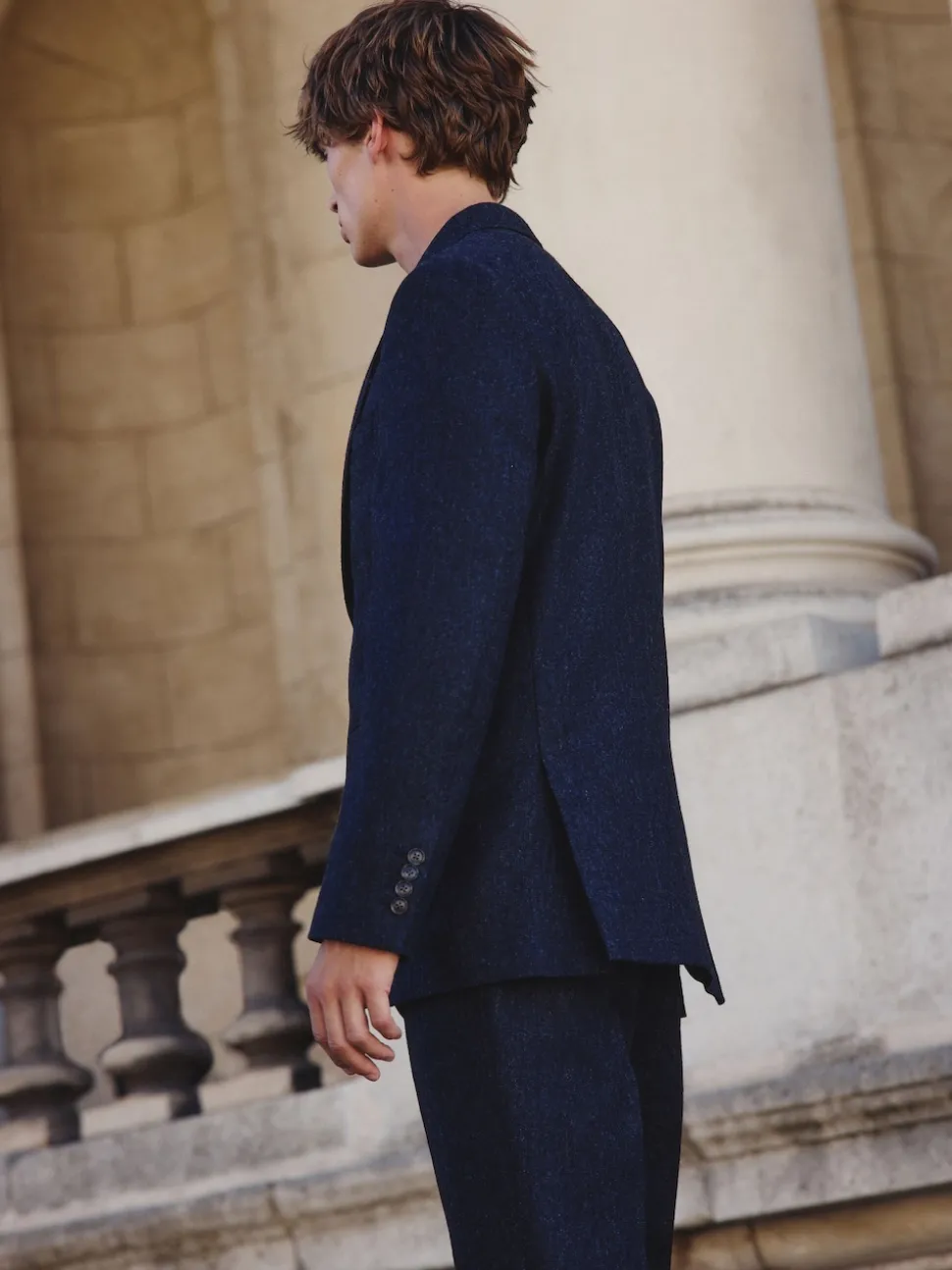 Navy Blue Tailored Fit Signature Abraham Moon 100% British Wool Donegal Suit Jacket