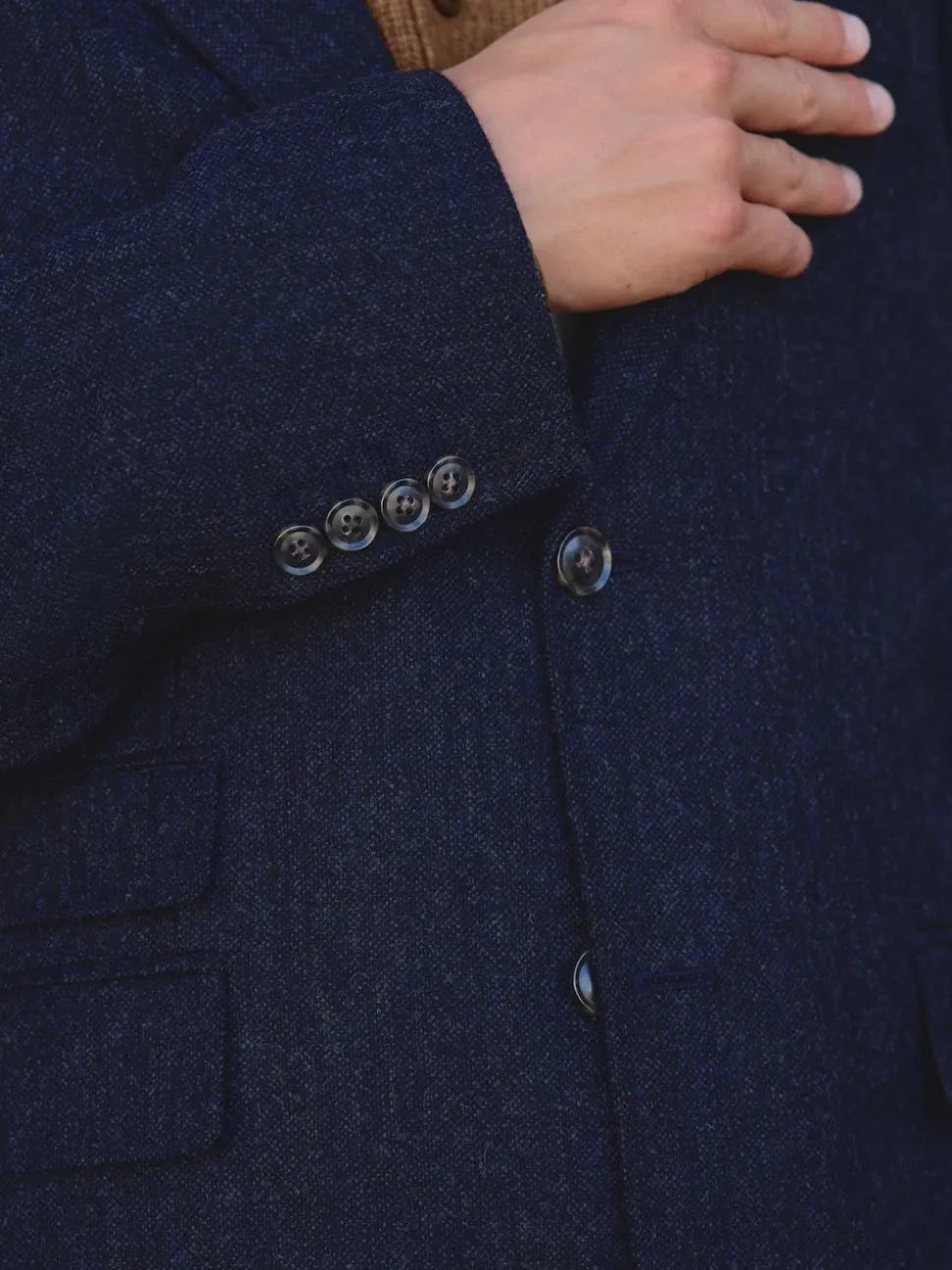 Navy Blue Tailored Fit Signature Abraham Moon 100% British Wool Donegal Suit Jacket