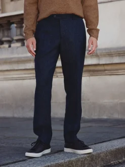 Navy Blue Tailored Fit Signature Abraham Moon 100% British Wool Donegal Suit Trousers