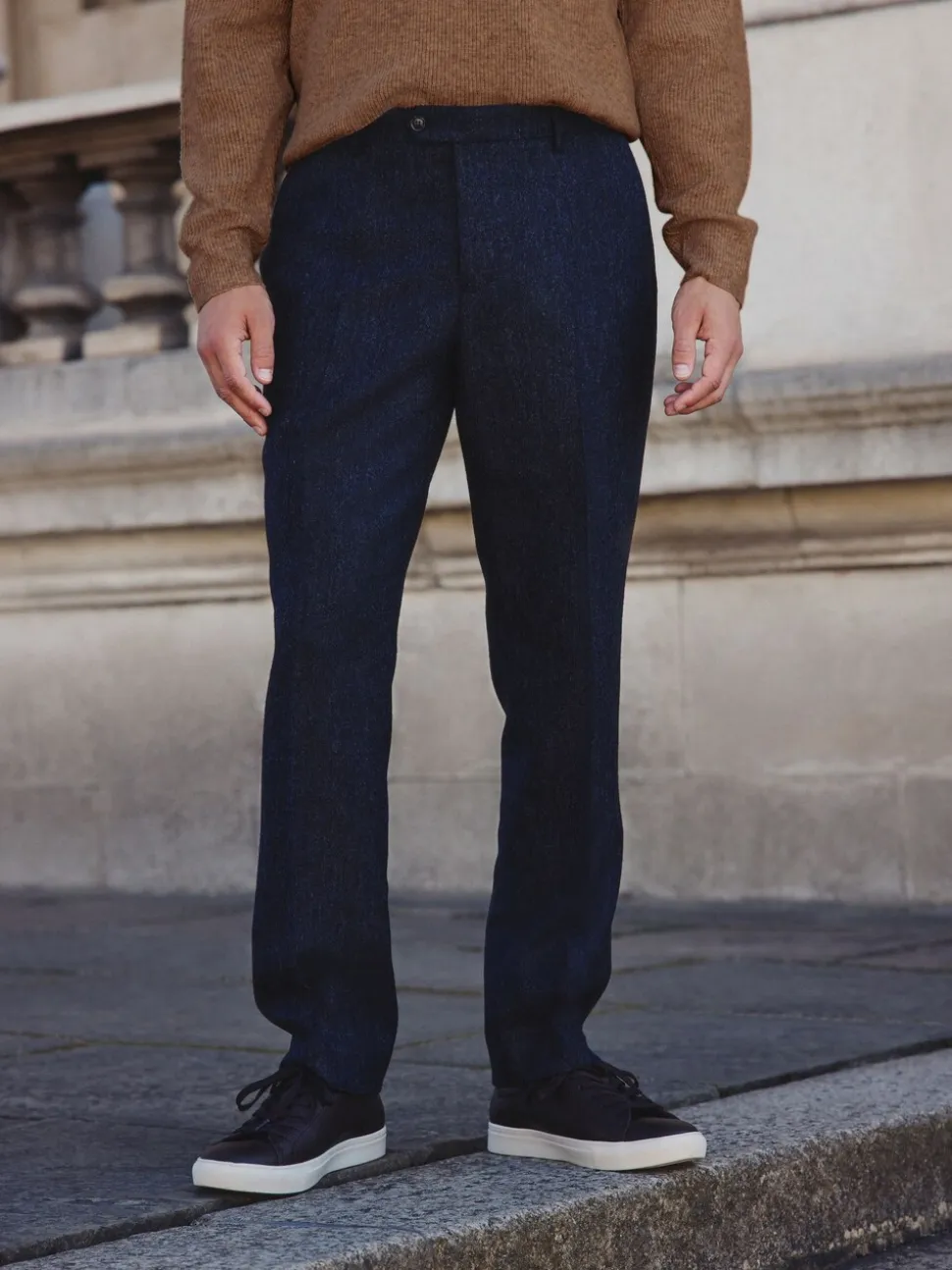 Navy Blue Tailored Fit Signature Abraham Moon 100% British Wool Donegal Suit Trousers