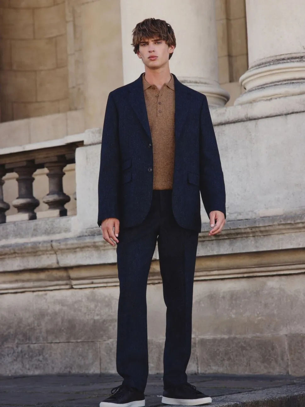 Navy Blue Tailored Fit Signature Abraham Moon 100% British Wool Donegal Suit Trousers