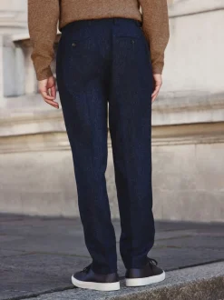 Navy Blue Tailored Fit Signature Abraham Moon 100% British Wool Donegal Suit Trousers