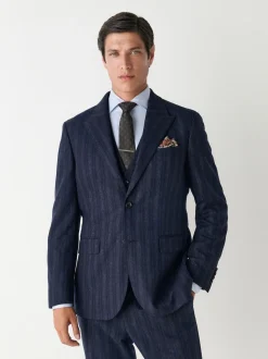 Navy Blue Tailored Fit Striped Wool Blend Suit Jacket